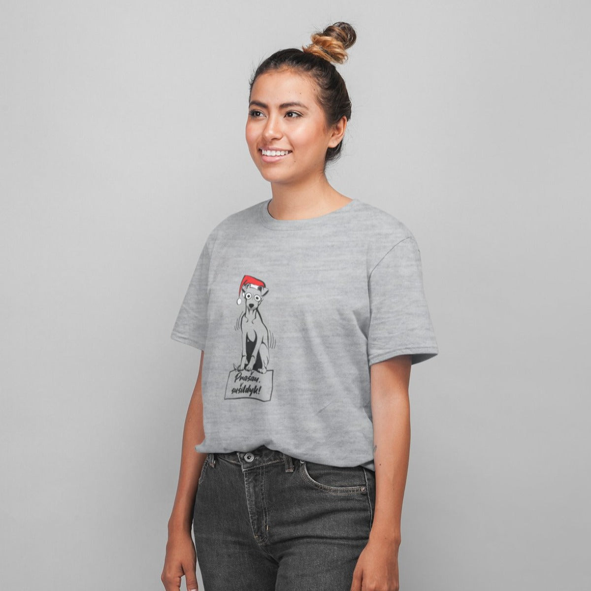 Pilki melanžiniai UNISEX kalėdiniai marškinėliai "Prašau sušildyk"