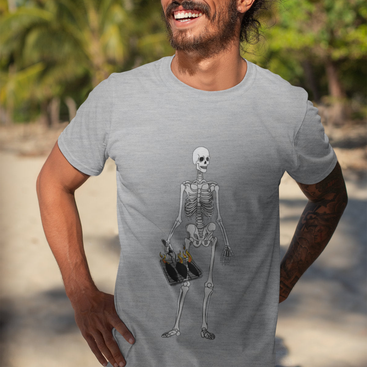 Pilki melanžiniai UNISEX marškinėliai "Skeletas grilina"