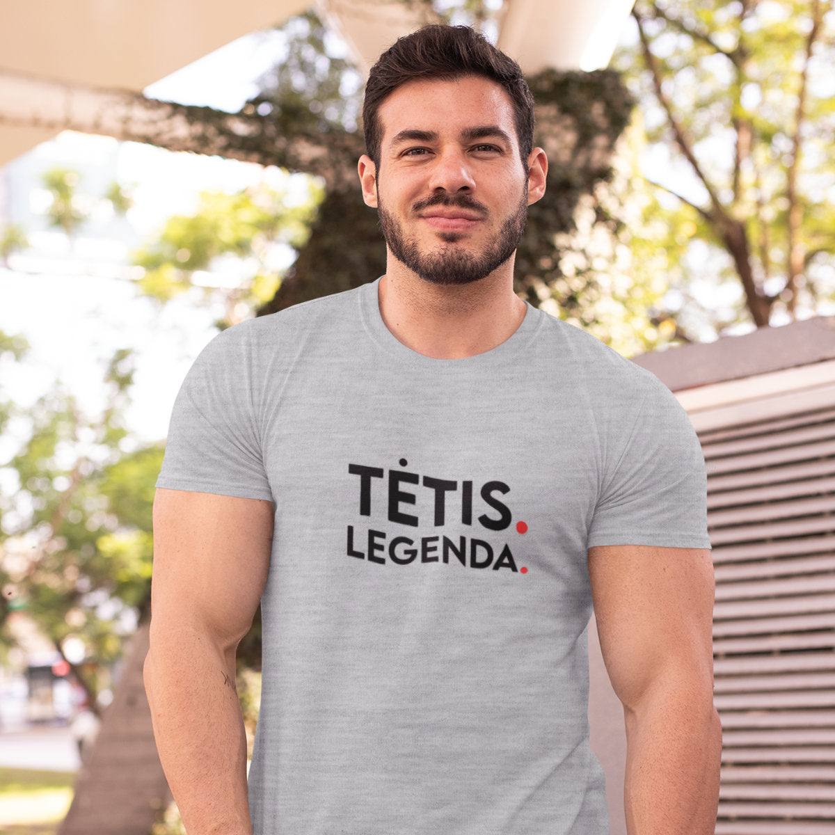 Pilki melanžiniai marškinėliai su užrašu "Tėtis legenda"