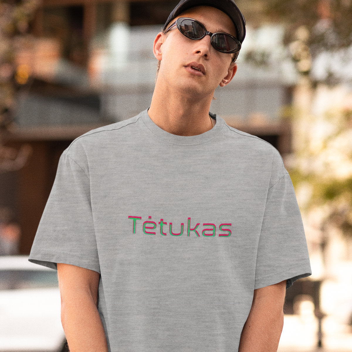 Pilki melanžiniai marškinėliai su užrašu "Tėtukas"