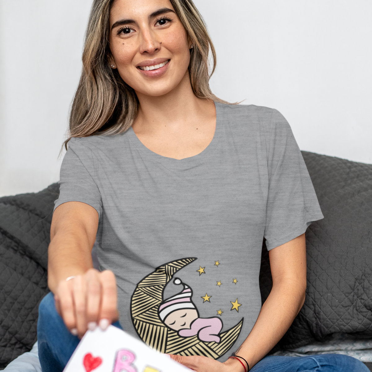 Pilki melanžiniai UNISEX marškinėliai "Mergaitė mėnulyje“