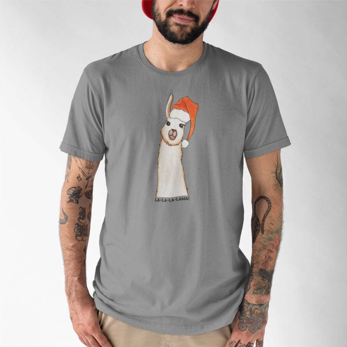 Pilki UNISEX kalėdiniai marškinėliai "La la lama"