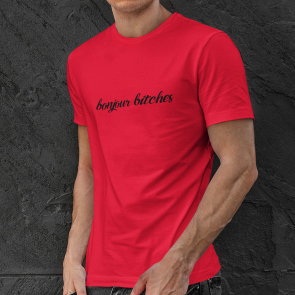 Raudoni UNISEX marškinėliai "Bonjour bitches"