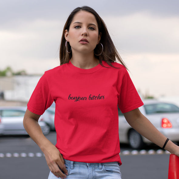 Raudoni UNISEX marškinėliai "Bonjour bitches"