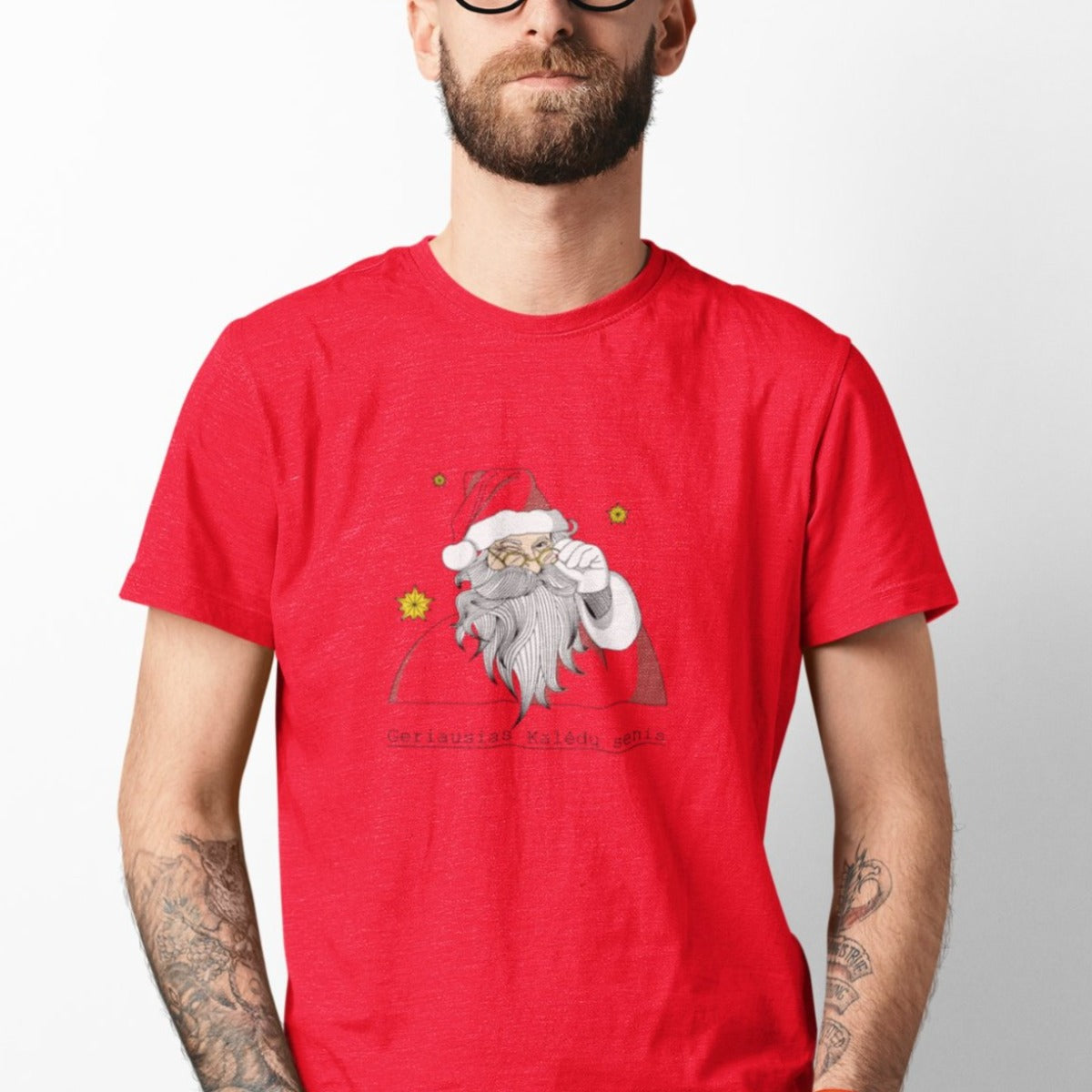 Raudoni UNISEX kalėdiniai marškinėliai "Geriausias Kalėdų senis"