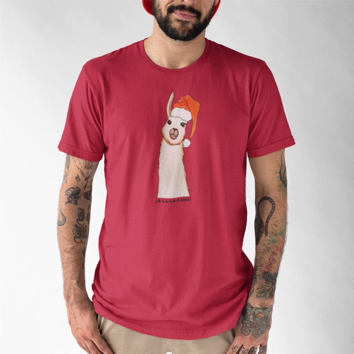 Raudoni UNISEX kalėdiniai marškinėliai "La la lama"