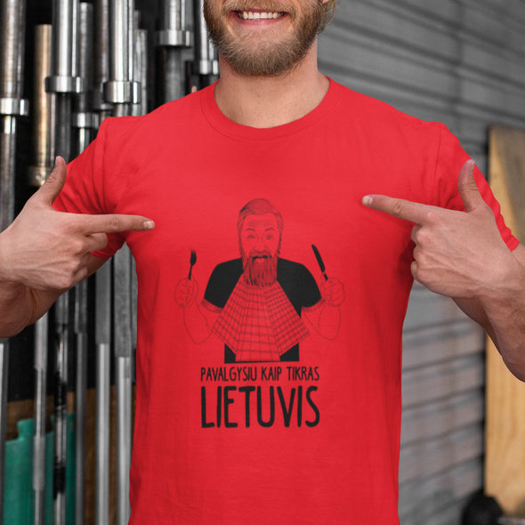 Raudoni marškinėliai "Pavalgysiu kaip tikras lietuvis“