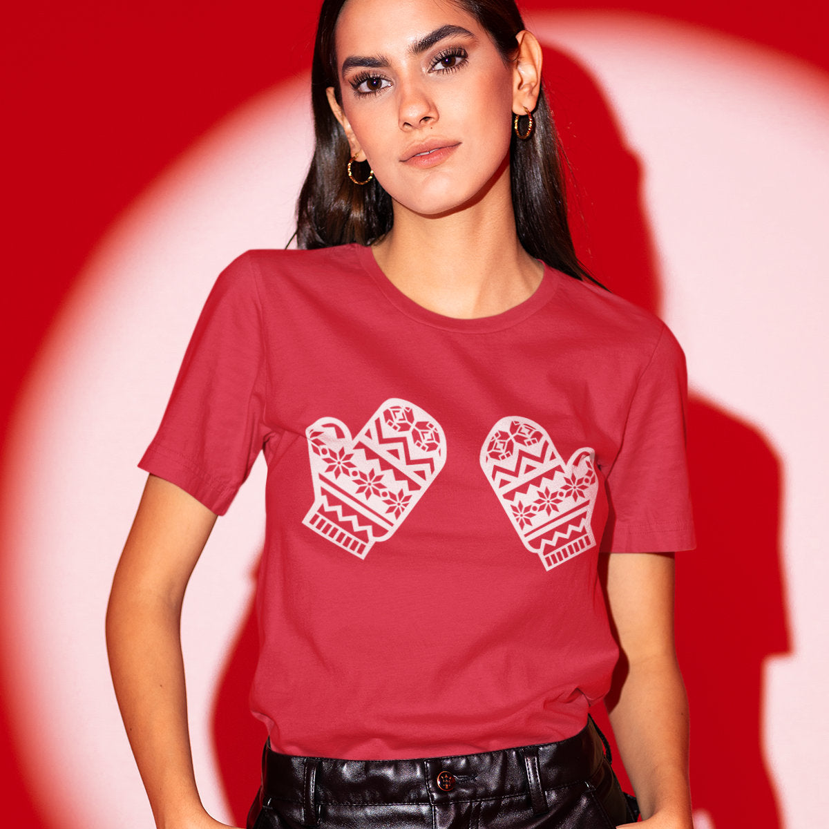 Raudoni UNISEX kalėdiniai marškinėliai "Pirštinaitės"