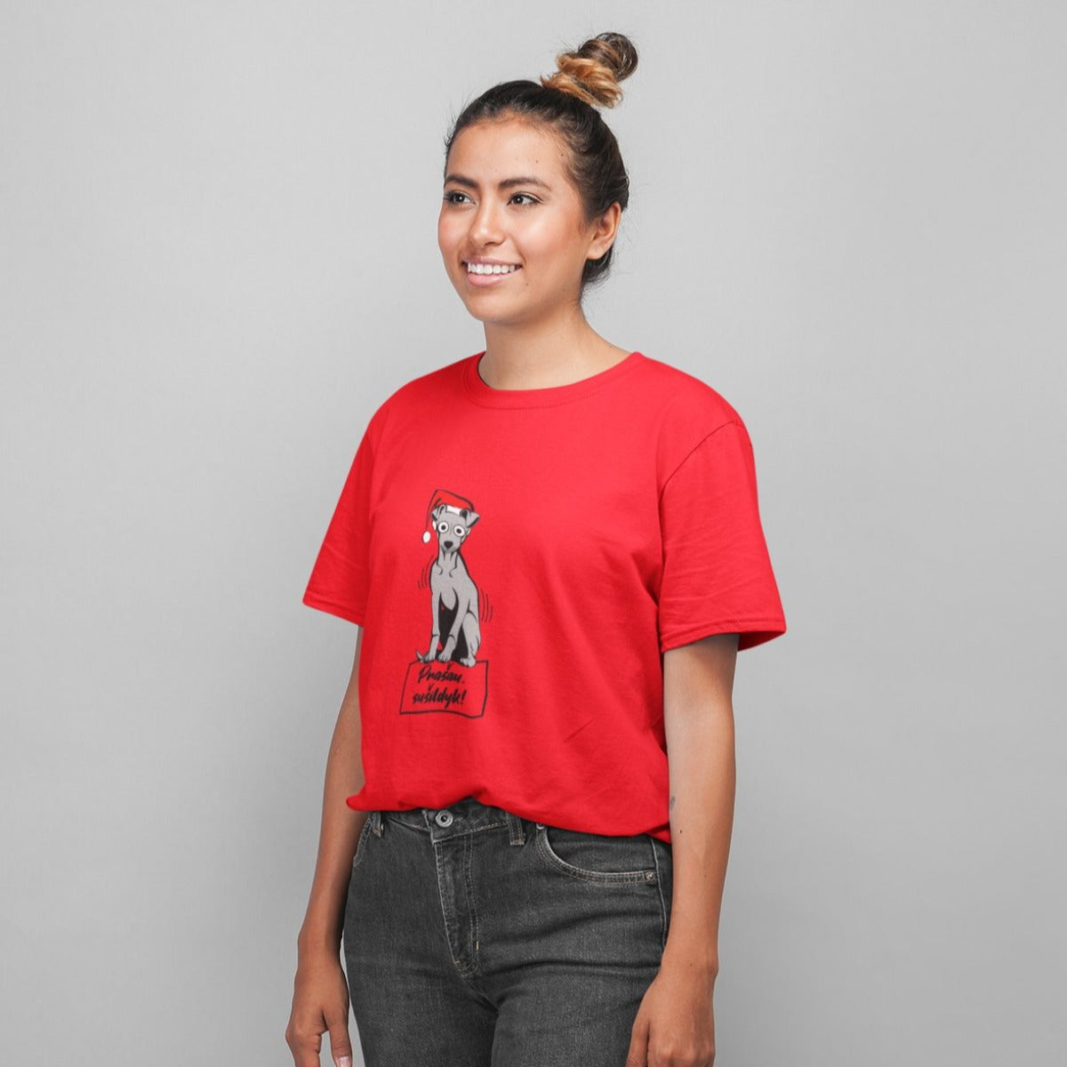 Raudoni UNISEX kalėdiniai marškinėliai "Prašau sušildyk"
