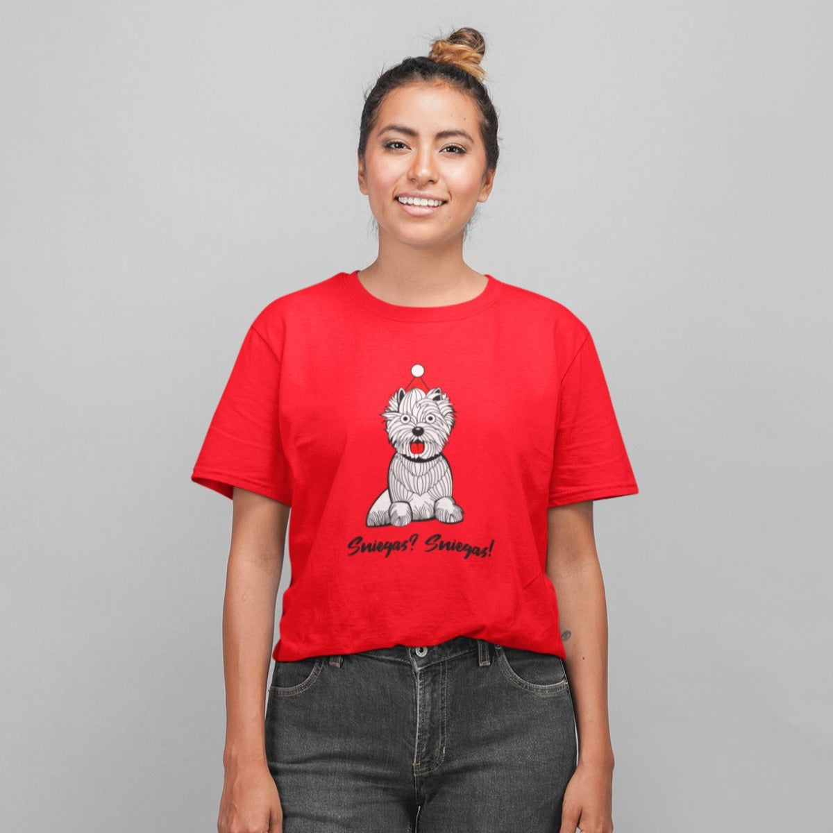 Raudoni UNISEX kalėdiniai marškinėliai "Sniegas? Sniegas!"