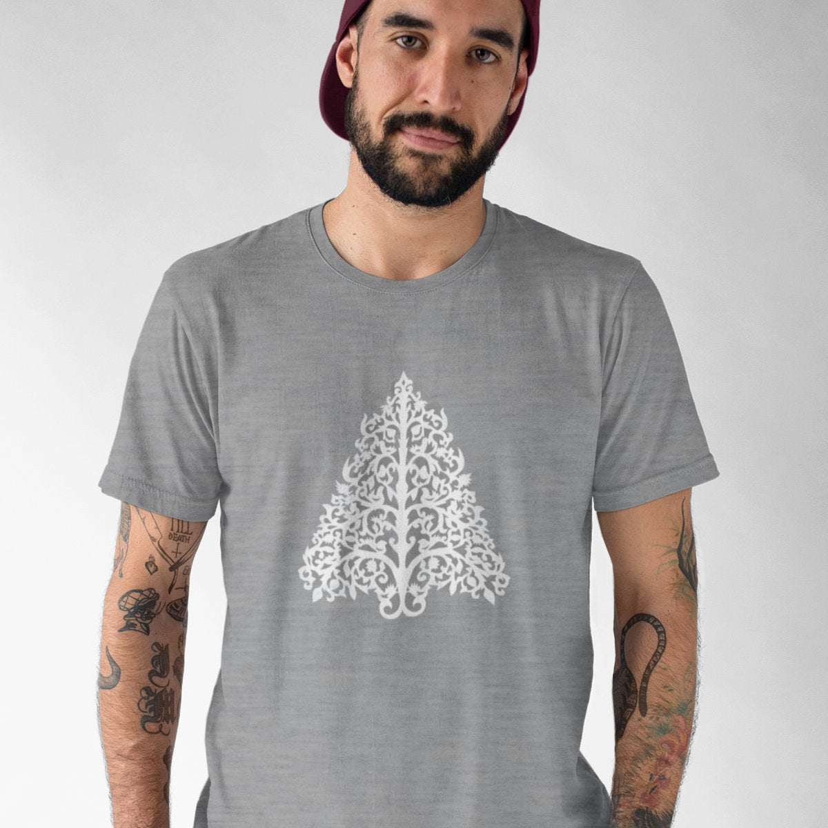 Pilki melanžiniai UNISEX kalėdiniai marškinėliai "Ornamentinė eglutė"