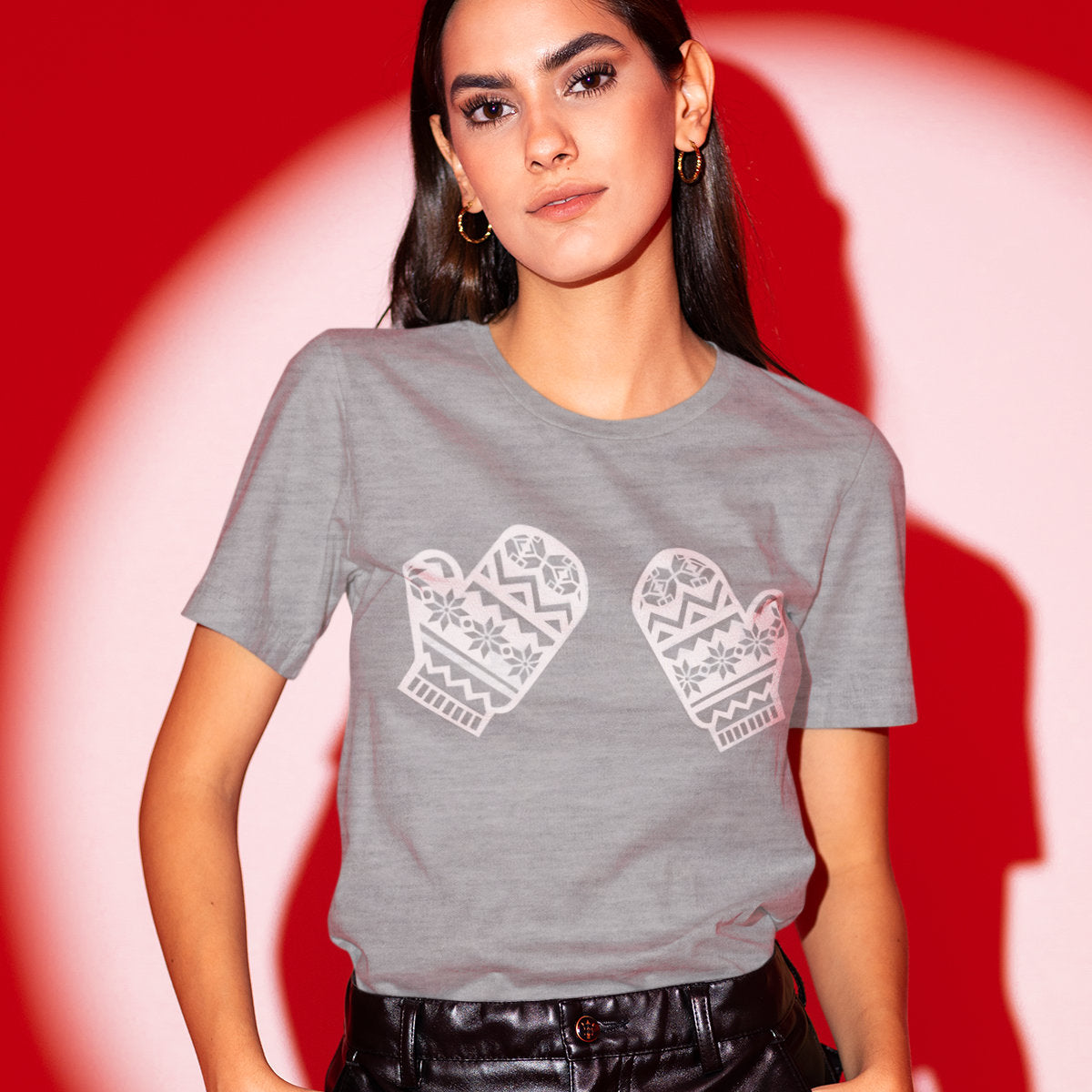 Pilki melanžiniai UNISEX kalėdiniai marškinėliai "Pirštinaitės"