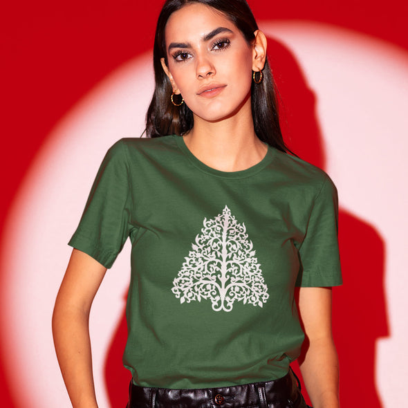 Tamsiai žali UNISEX kalėdiniai marškinėliai "Ornamentinė eglutė"