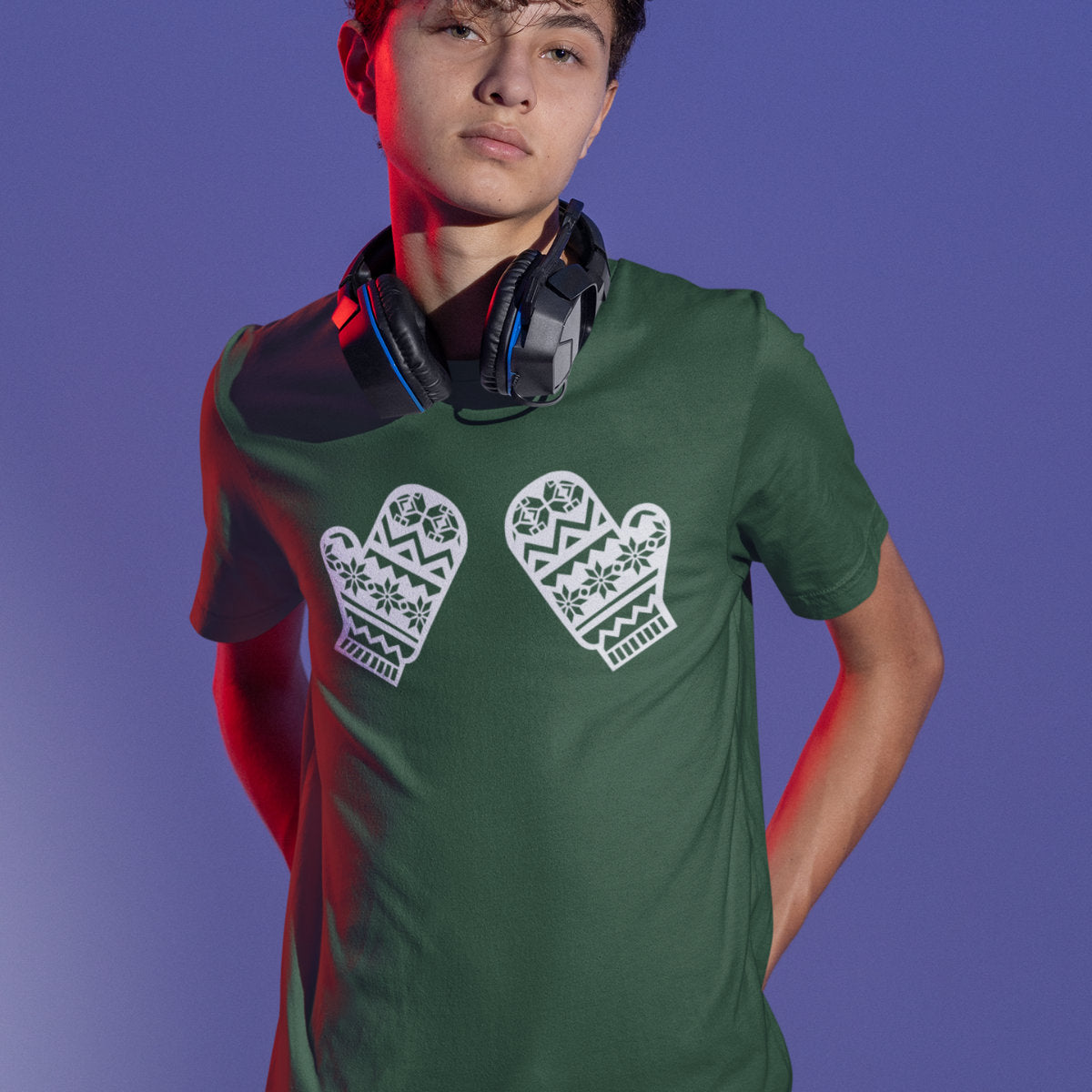 Tamsiai žali UNISEX kalėdiniai marškinėliai "Pirštinaitės"