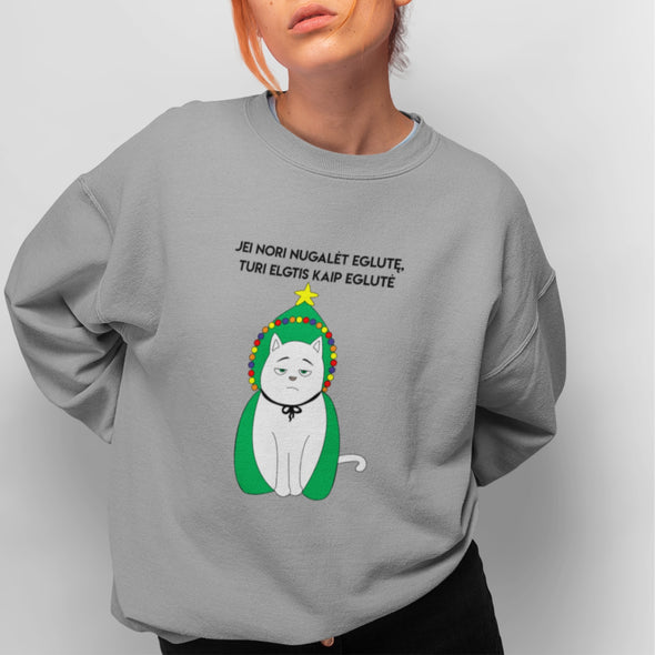 Pilkas UNISEX džemperis be gobtuvo "Jei nori nugalėti eglutę"