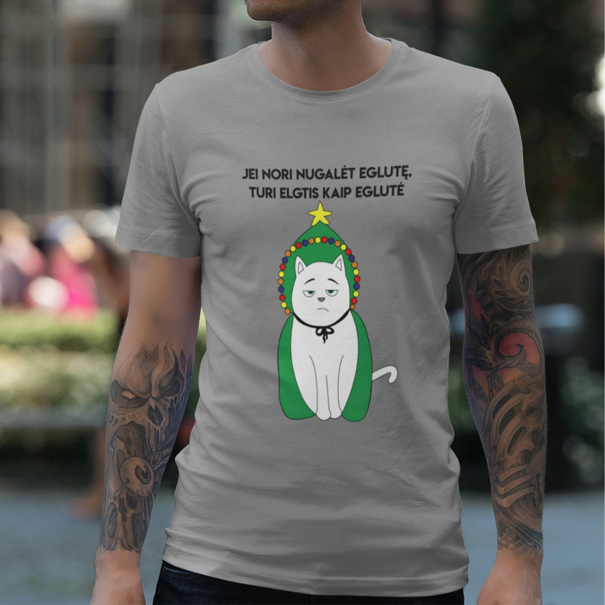 Pilki UNISEX kalėdiniai marškinėliai "Jei nori nugalėt eglutę"