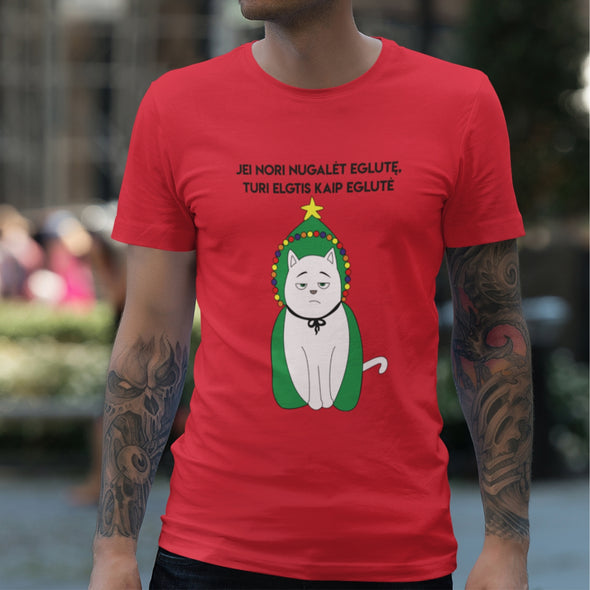 Raudoni UNISEX kalėdiniai marškinėliai "Jei nori nugalėt eglutę"