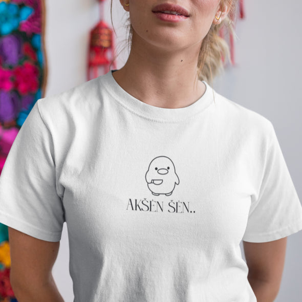 Balti UNISEX marškinėliai su žemaitišku užrašu "Akšėn šėn"