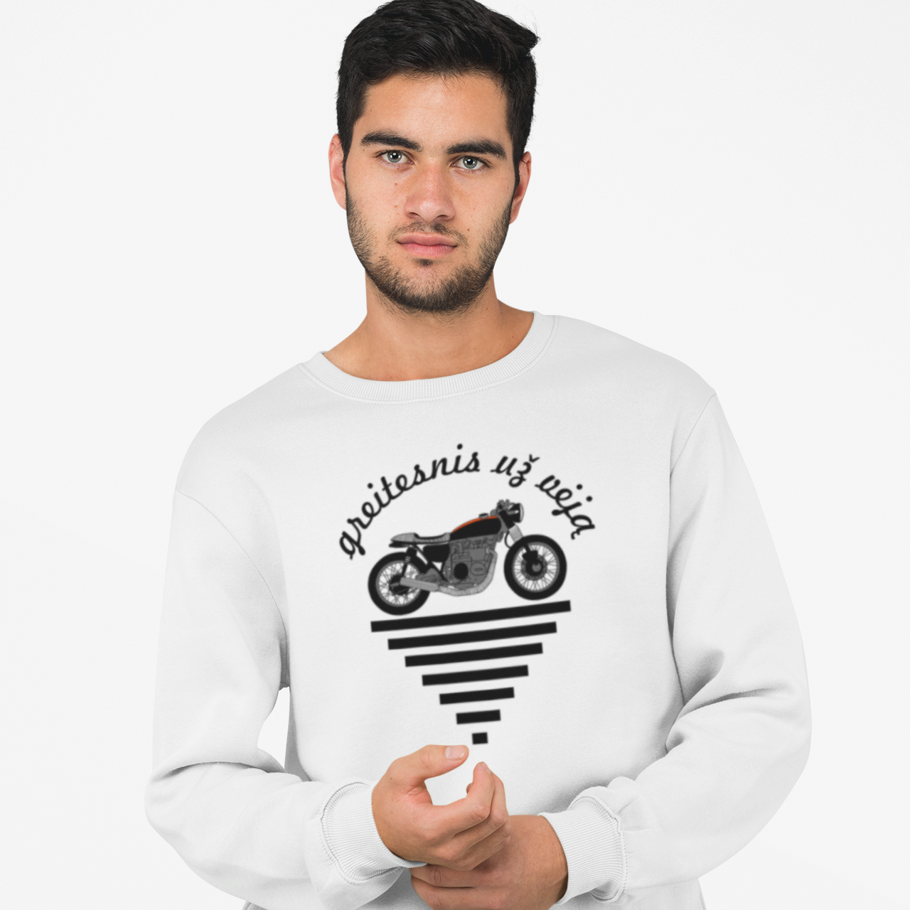 Baltas UNISEX džemperis be gobtuvo "Greitesnis už vėją"