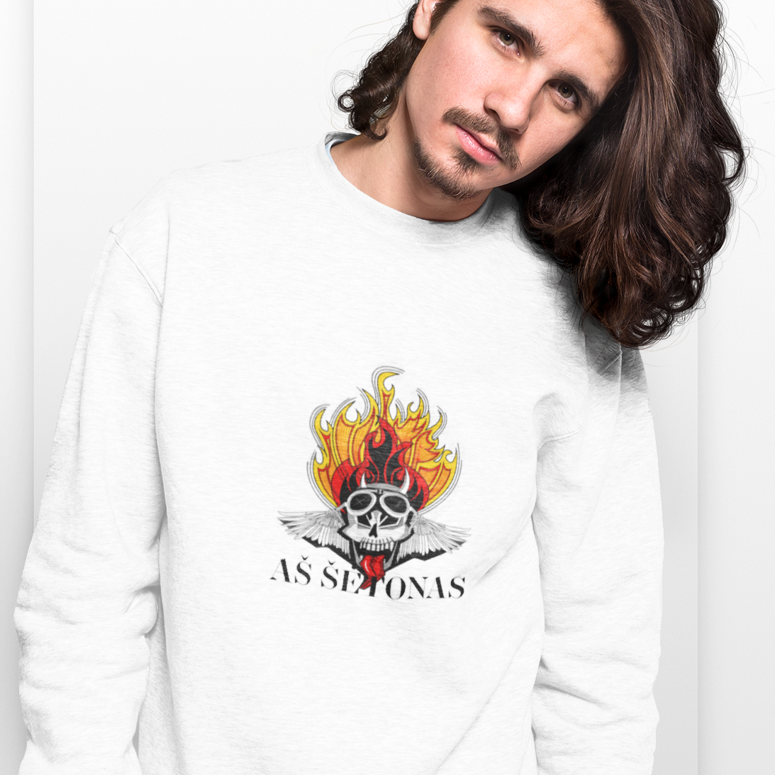 Baltas UNISEX džemperis be gobtuvo su užrašu "AŠ ŠĖTONAS"