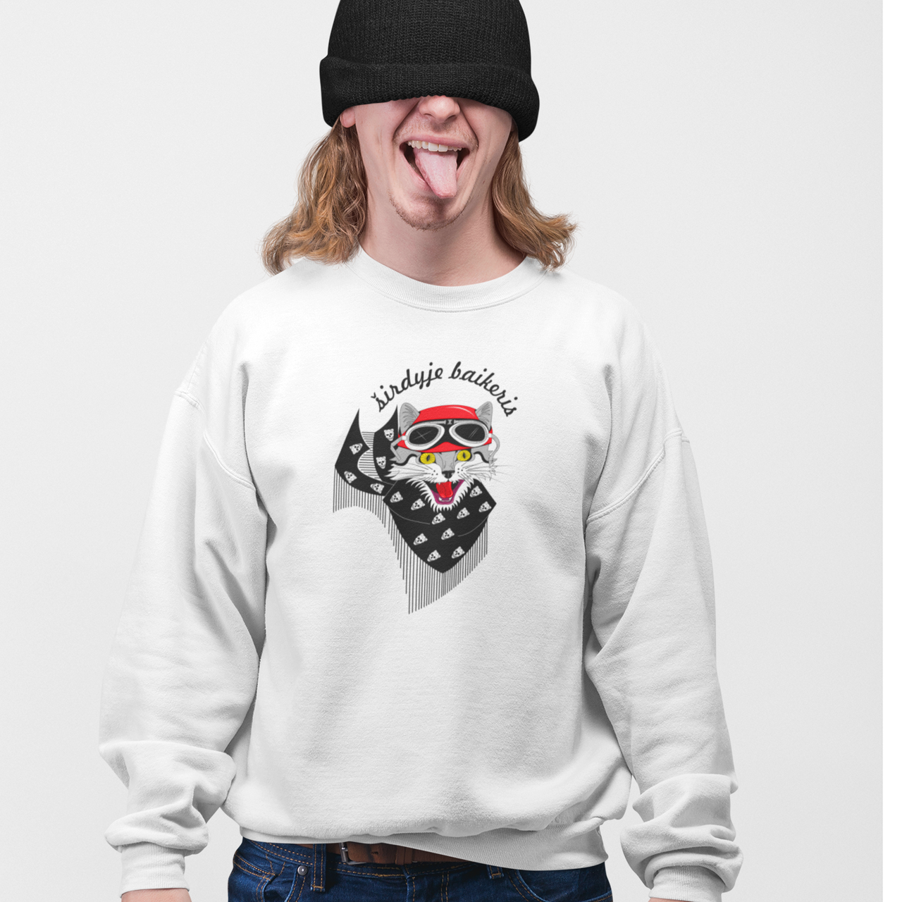 Baltas UNISEX džemperis be gobtuvo "Širdyje baikeris"