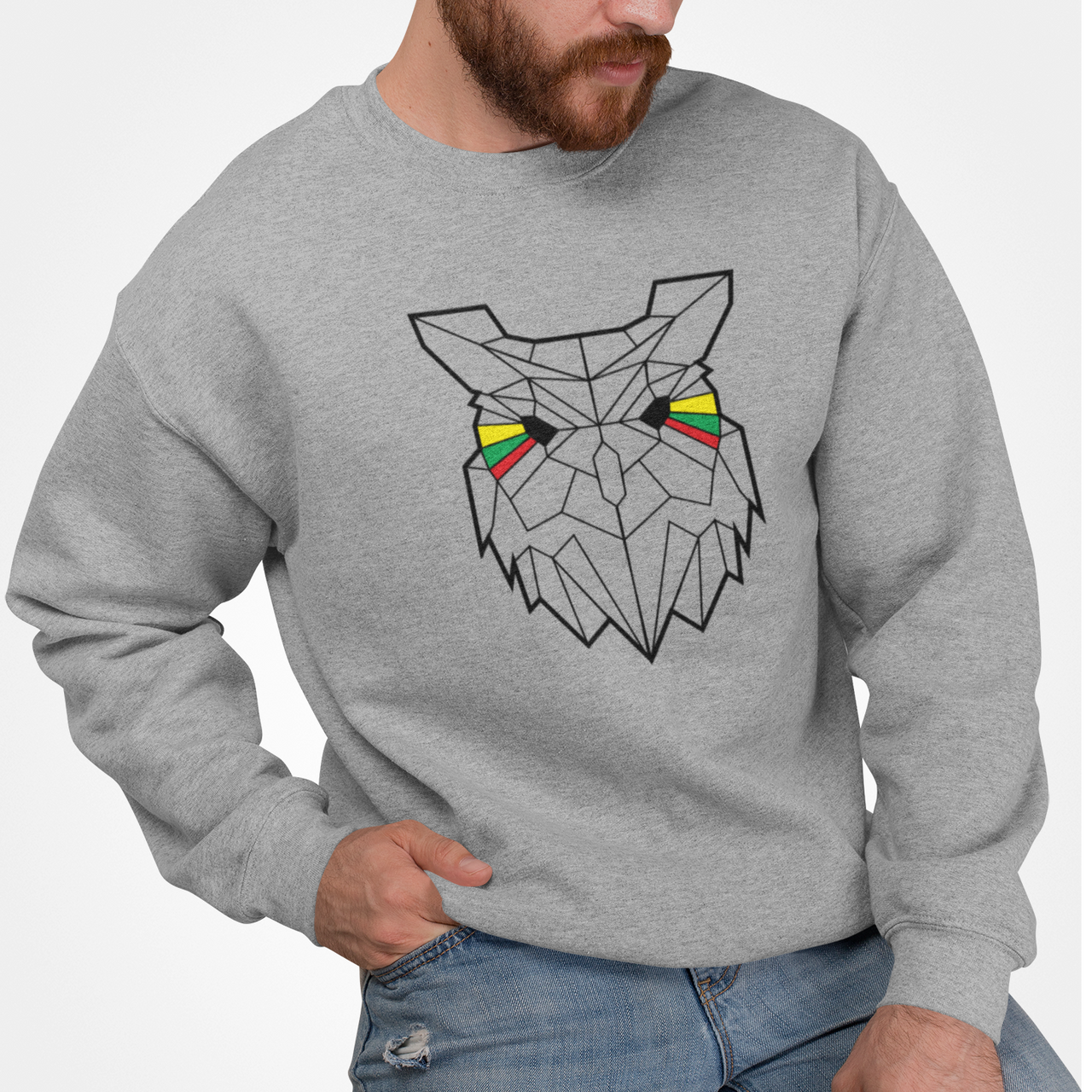 Pilkas UNISEX džemperis be gobtuvo "Geometrinė pelėda"