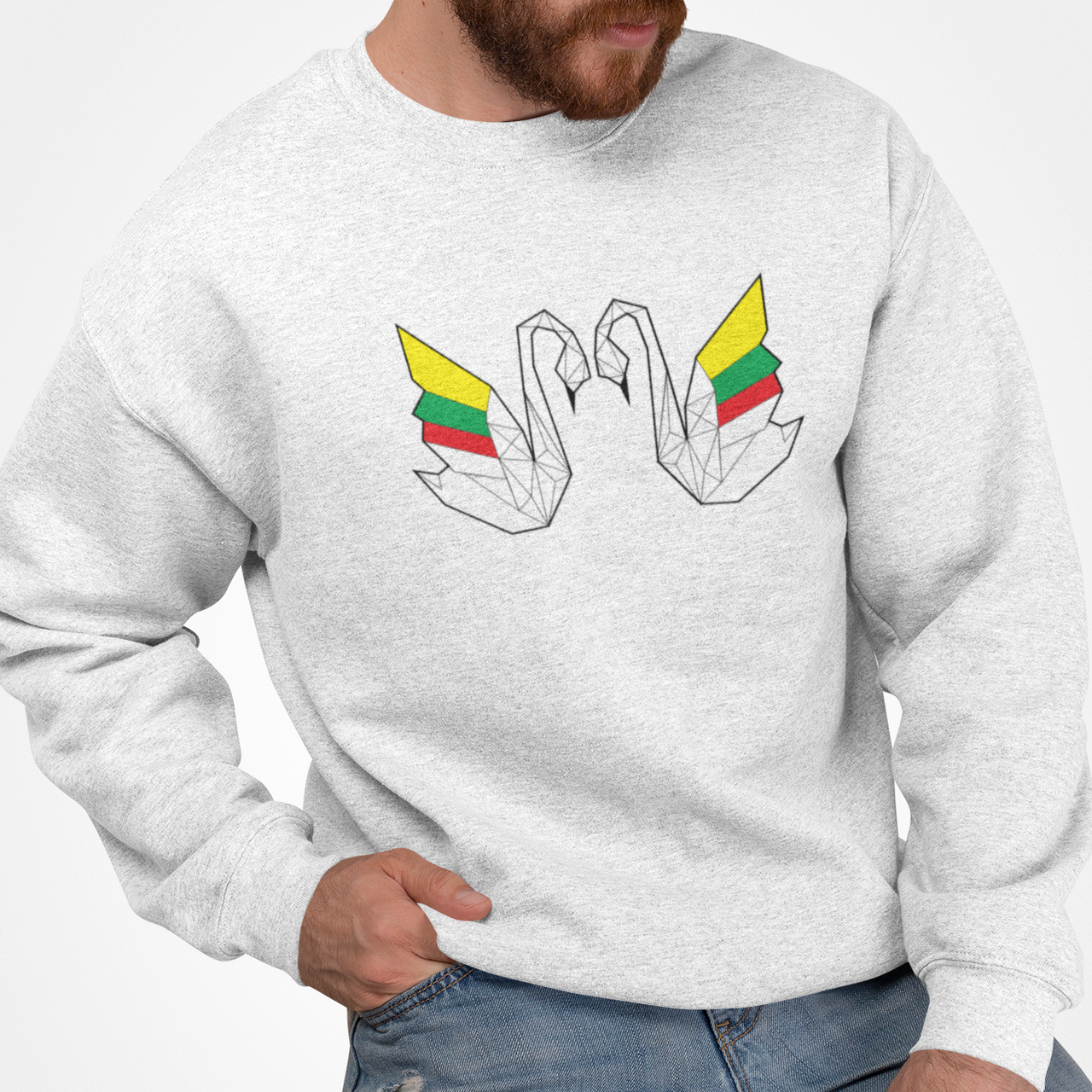 Baltas UNISEX džemperis be gobtuvo "Geometrinės gulbės"