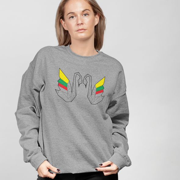 Pilkas UNISEX džemperis be gobtuvo "Geometrinės gulbės"