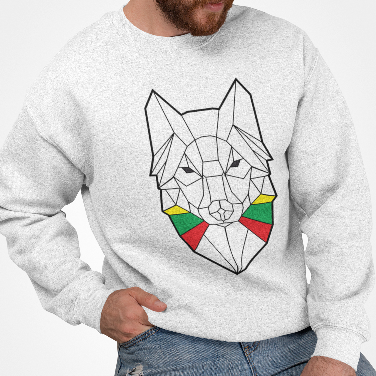 Baltas UNISEX džemperis be gobtuvo "Geometrinis vilkas"