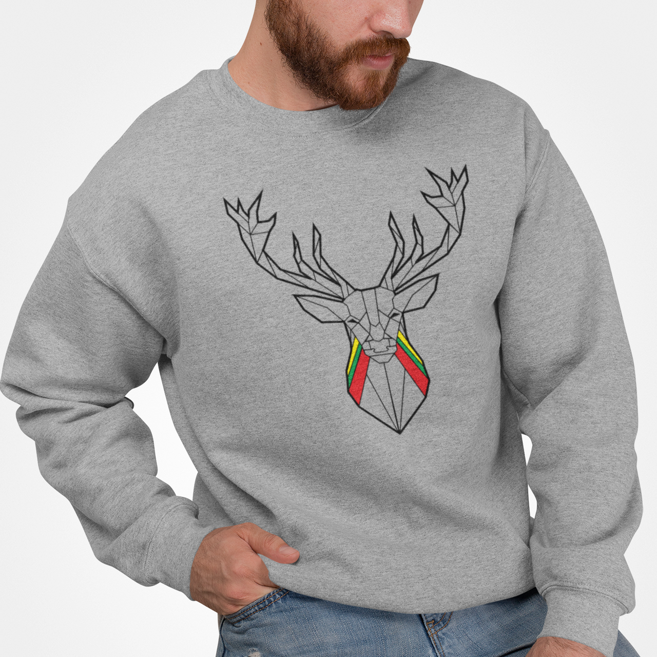Pilkas UNISEX džemperis be gobtuvo "Geometrinis elnias"