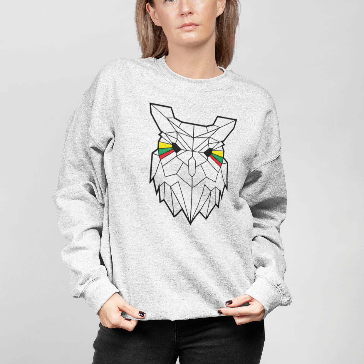 Baltas UNISEX džemperis be gobtuvo "Geometrinė pelėda"