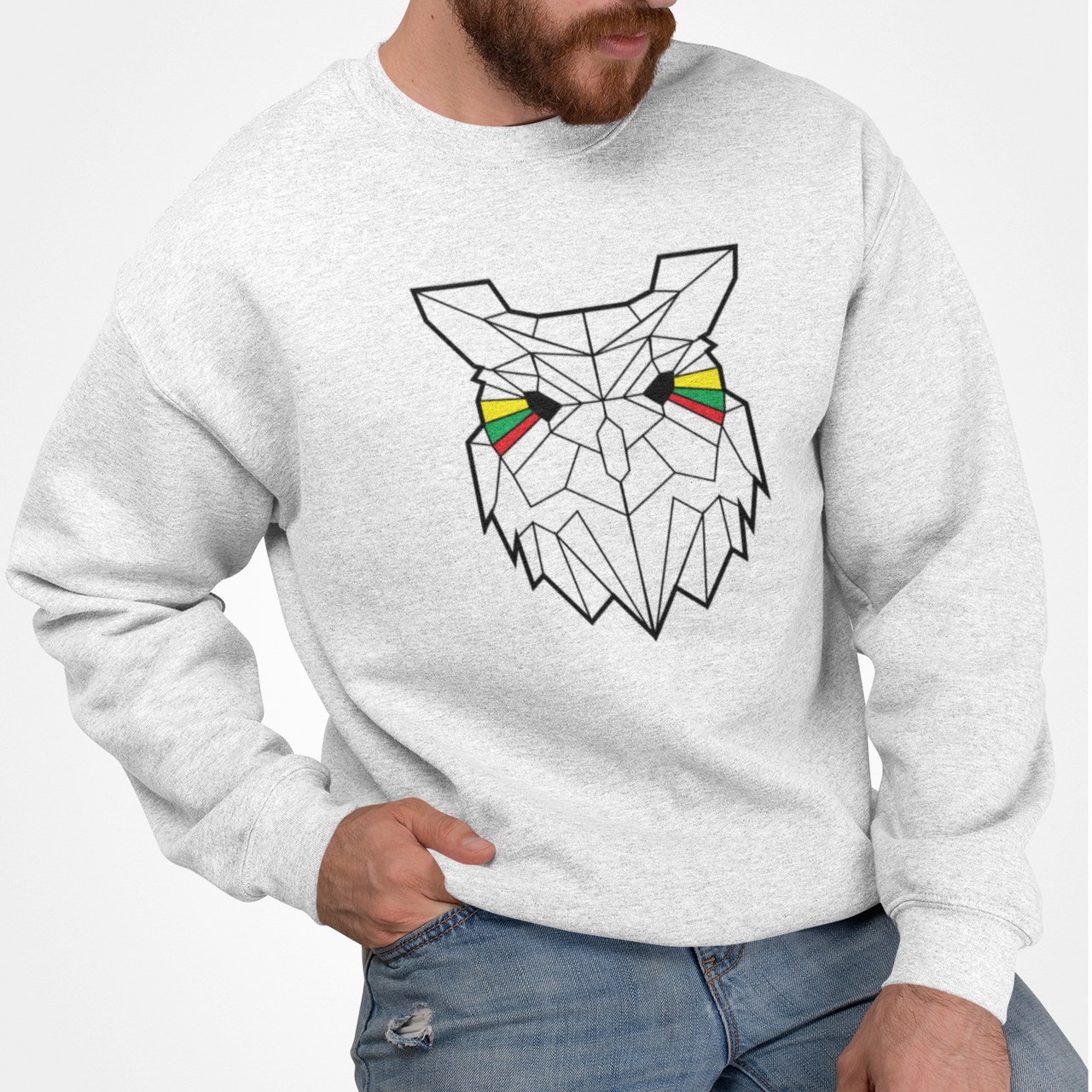 Baltas UNISEX džemperis be gobtuvo "Geometrinė pelėda"