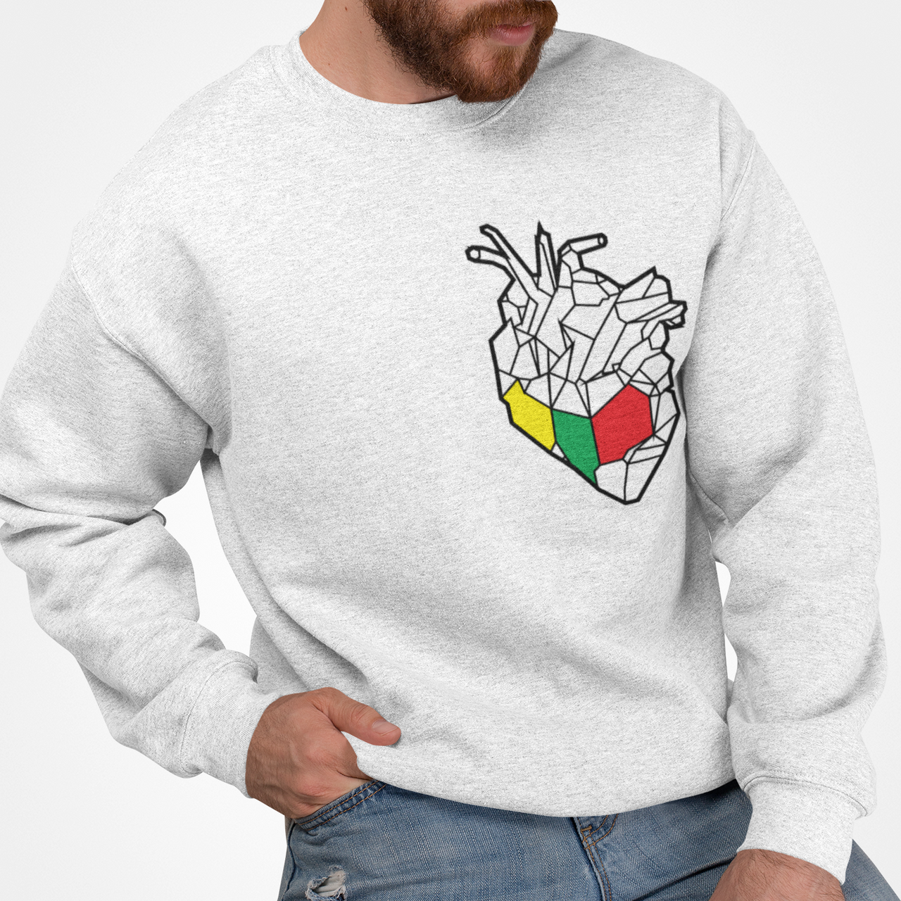 Baltas UNISEX džemperis be gobtuvo "Geometrinė širdis"