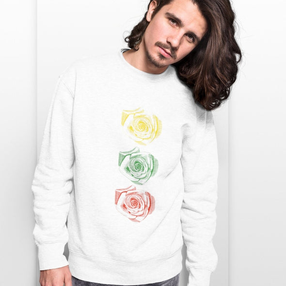 Baltas UNISEX džemperis be gobtuvo "Trys rožės"