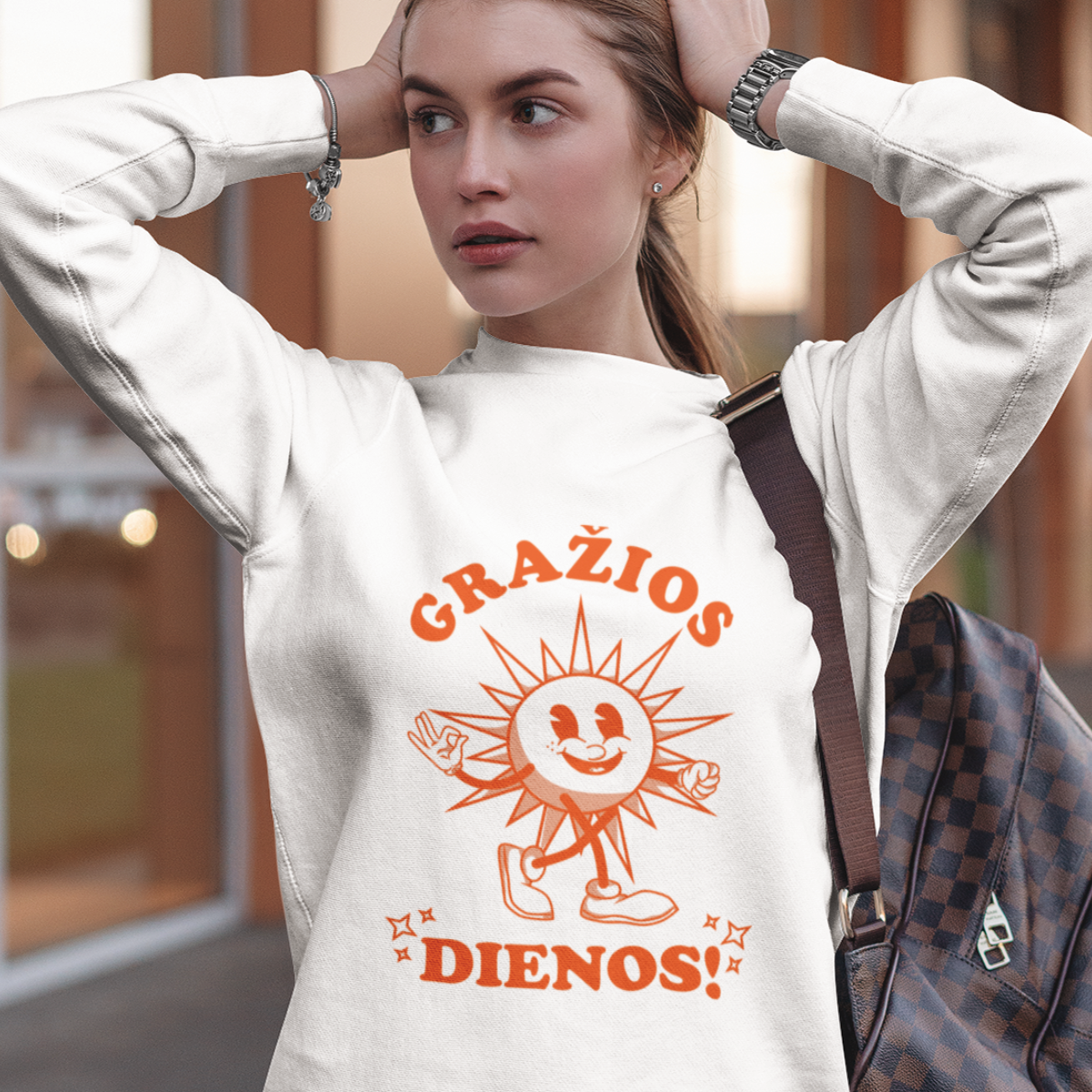 Baltas UNISEX džemperis be gobtuvo "Gražios dienos!"