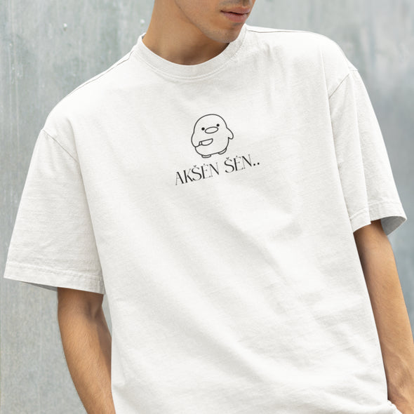 Balti UNISEX marškinėliai su žemaitišku užrašu "Akšėn šėn"