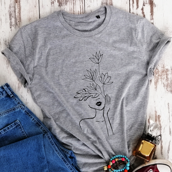 Pilki ekologiškos medvilnės marškinėliai "Abstrakti mergina su gėlėmis"