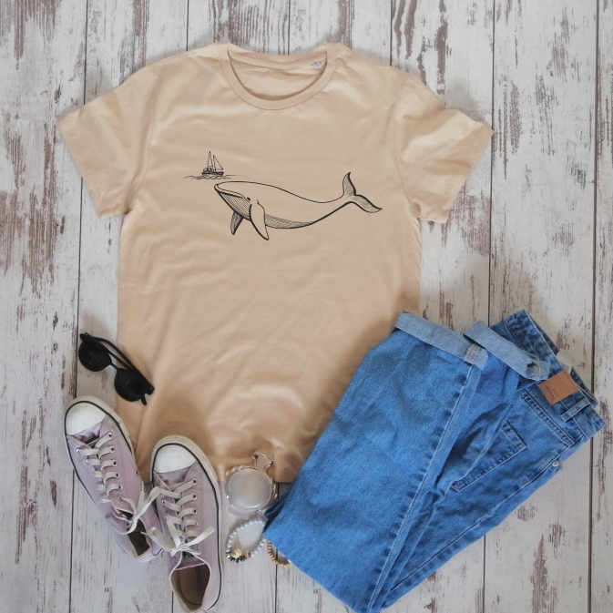 Smėlio spalvos ekologiškos medvilnės marškinėliai "Banginis"