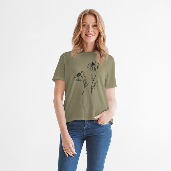 Khaki spalvos ekologiškos medvilnės marškinėliai "Gėlės"