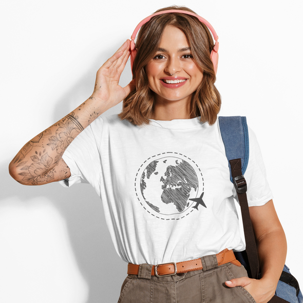Balti ekologiškos medvilnės marškinėliai "Keliautojas aplink pasaulį"