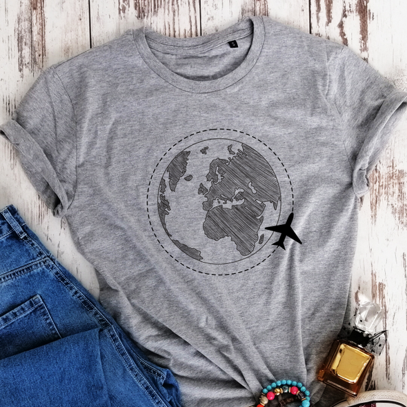 Pilki ekologiškos medvilnės marškinėliai "Keliautojas aplink pasaulį"