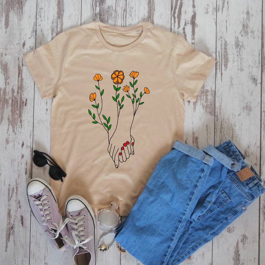 Smėlio spalvos ekologiškos medvilnės marškinėliai "Rankos"