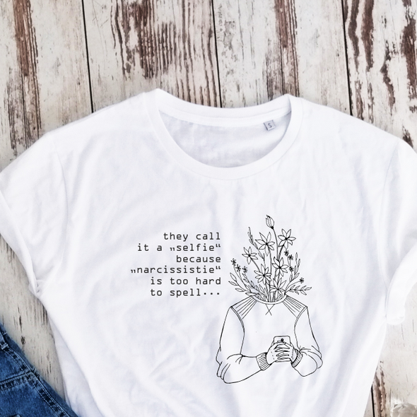 Balti ekologiškos medvilnės marškinėliai "Selfis"