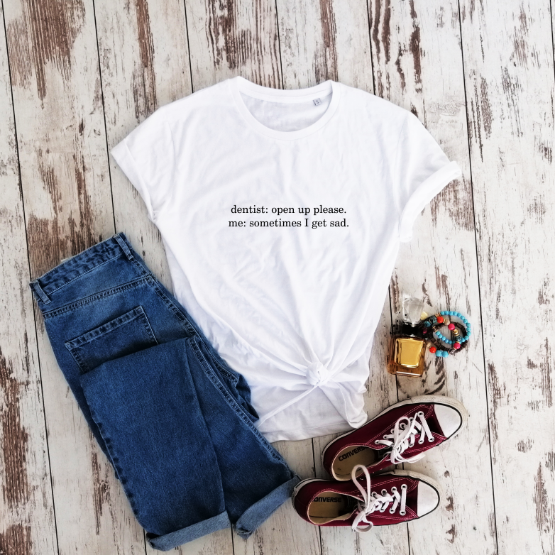 Balti 100% medvilnės marškinėliai "Sometimes I get sad"