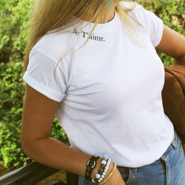 Balti ekologiškos medvilnės marškinėliai "Je t'aime"