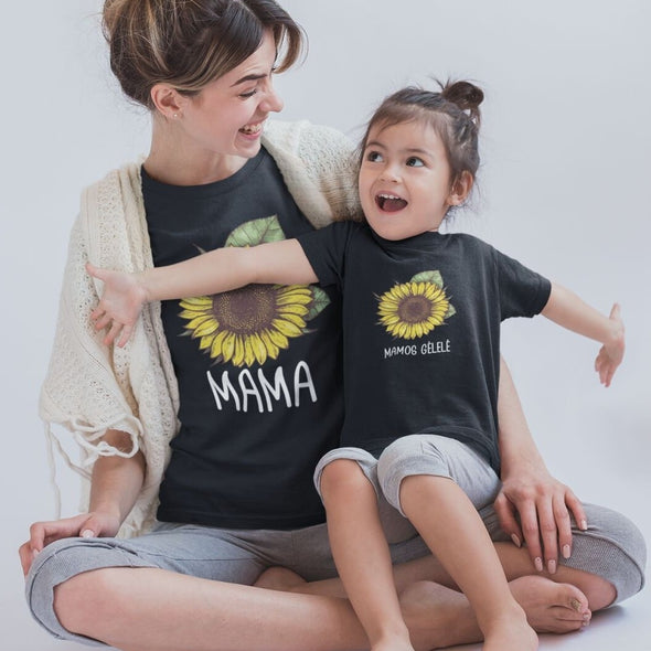 Juodi marškinėliai mamai ir dukrai "Mama ir mamos gėlelė“. Kompletas 2 vnt