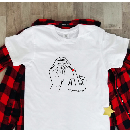 Balti 100% medvilnės marškinėliai "Raudonas nagų lakas" (S, M, XL dydis) ŠIURPNAKČIO PASIŪLYMAS