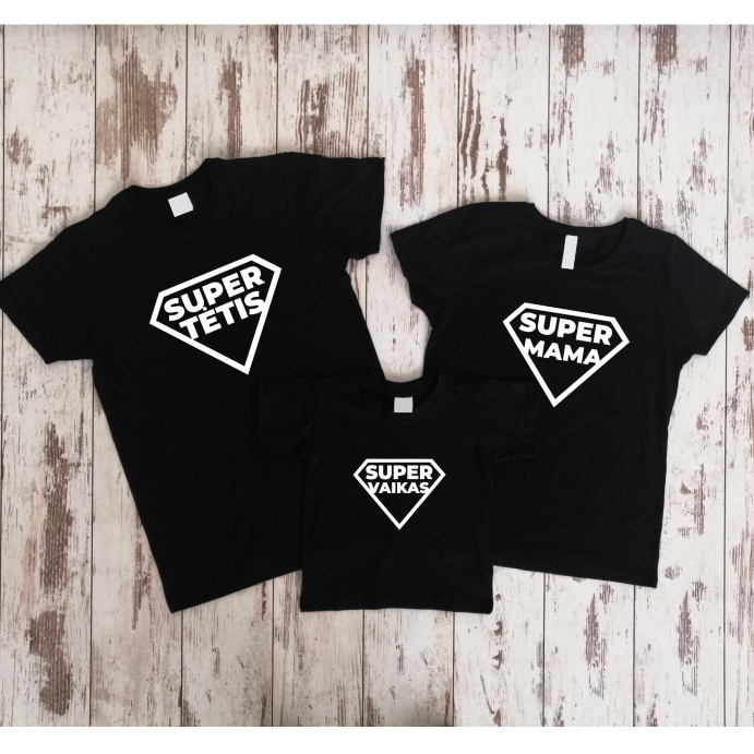 Juodi marškinėliai šeimoms "Super šeima“