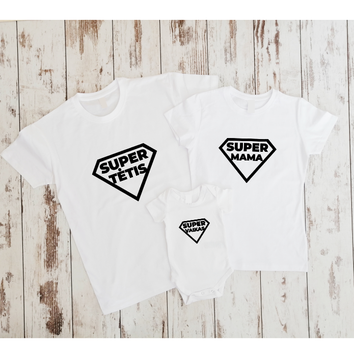 Balti marškinėliai šeimoms su vaikišku bodžiu "Super šeima“