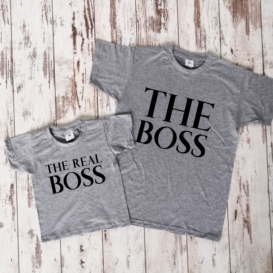 Pilki melanžiniai marškinėliai "The boss & The real boss“